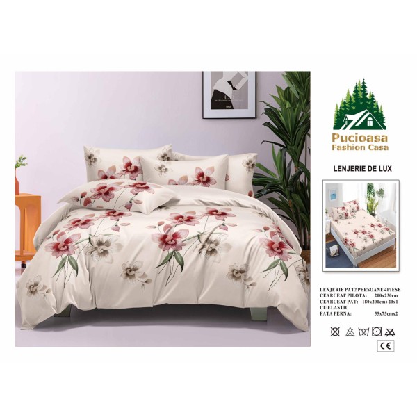 Lenjerie de Pat 2 Persoane 4 Piese cu Elastic – Model Modern, CEARCEAF CU ELASTIC 180X200,LTY9