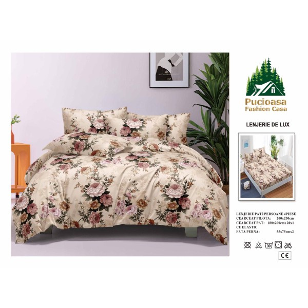 Lenjerie de Pat 2 Persoane 4 Piese cu Elastic – Model Modern, CEARCEAF CU ELASTIC 180X200,LTY26