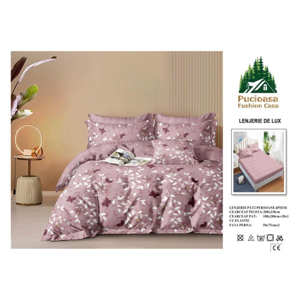Lenjerie de Pat 2 Persoane 4 Piese cu Elastic – Model Modern, CEARCEAF CU ELASTIC 180X200,LTY39