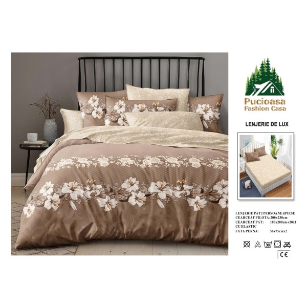 Lenjerie de Pat 2 Persoane 4 Piese cu Elastic – Model Modern, CEARCEAF CU ELASTIC 180X200,LTY41