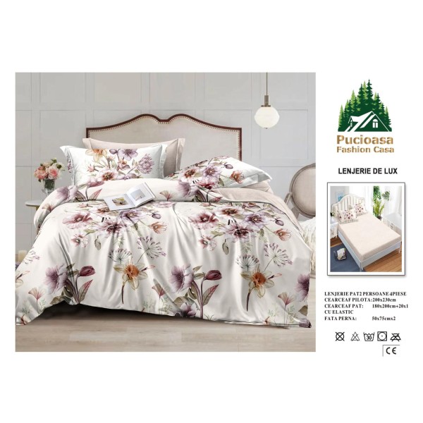 Lenjerie de Pat 2 Persoane 4 Piese cu Elastic – Model Modern, CEARCEAF CU ELASTIC 180X200,LTY48