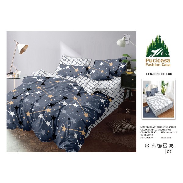 Lenjerie de Pat 2 Persoane 4 Piese cu Elastic – Model Modern, CEARCEAF CU ELASTIC 180X200,LTY50