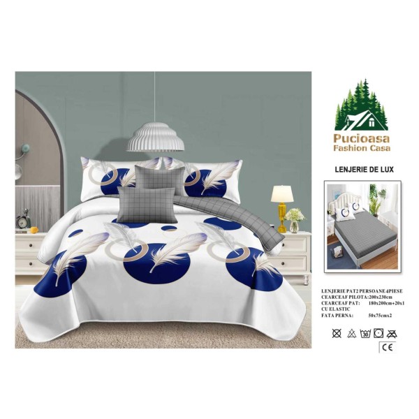 Lenjerie de Pat 2 Persoane 4 Piese cu Elastic – Model Modern, CEARCEAF CU ELASTIC 180X200,LTY54