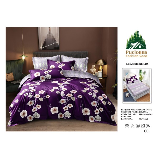 Lenjerie de Pat 2 Persoane 4 Piese cu Elastic – Model Modern, CEARCEAF CU ELASTIC 180X200,LTY56