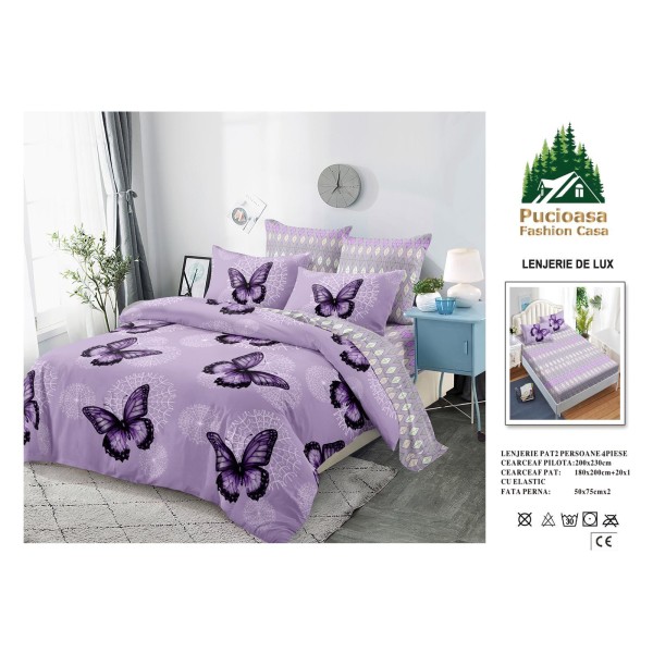Lenjerie de Pat 2 Persoane 4 Piese cu Elastic – Model Modern, CEARCEAF CU ELASTIC 180X200,LTY57