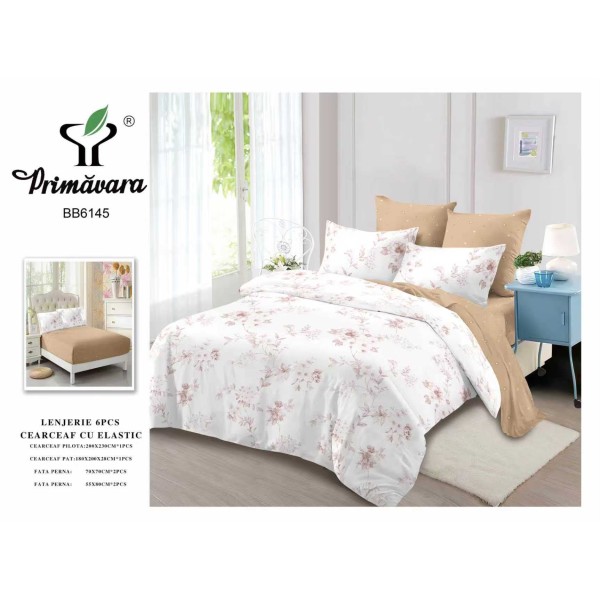 Set Lenjerie Eleganta pentru pat dublu din Bumbac Finet compus din 6 piese, Cearceaf de pat cu elastic 180x200cm+25cm, LFECO1