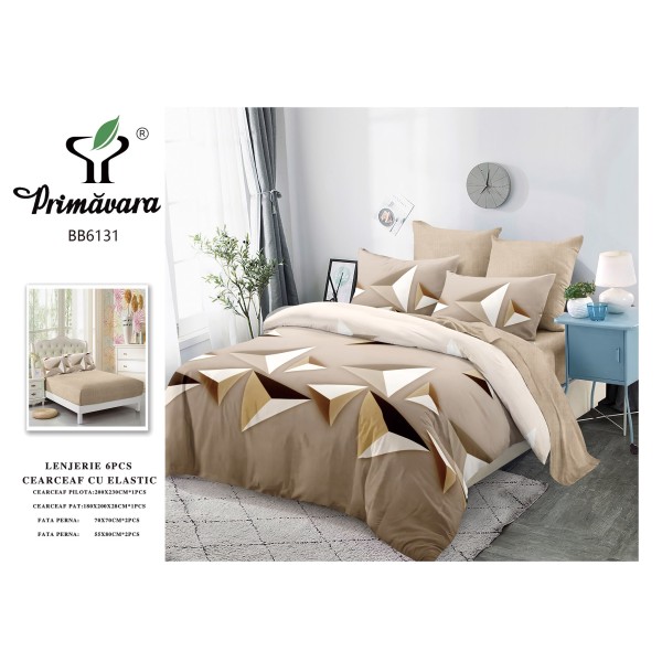 Set Lenjerie Eleganta pentru pat dublu din Bumbac Finet compus din 6 piese, Cearceaf de pat cu elastic 180x200cm+25cm, LFECO2