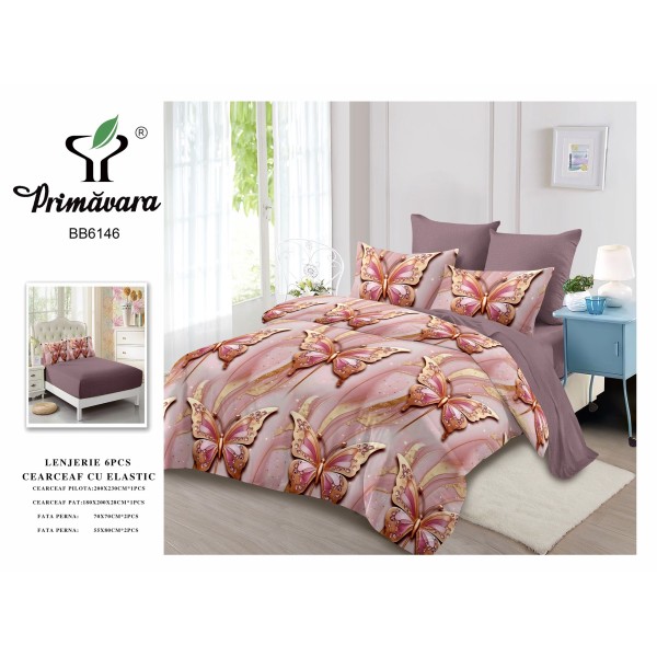 Set Lenjerie Eleganta pentru pat dublu din Bumbac Finet compus din 6 piese, Cearceaf de pat cu elastic 180x200cm+25cm, LFECO3