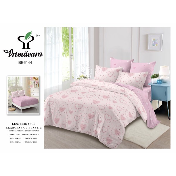 Set Lenjerie Eleganta pentru pat dublu din Bumbac Finet compus din 6 piese, Cearceaf de pat cu elastic 180x200cm+25cm, LFECO4