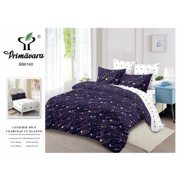 Set Lenjerie Eleganta pentru pat dublu din Bumbac Finet compus din 6 piese, Cearceaf de pat cu elastic 180x200cm+25cm, LFECO5