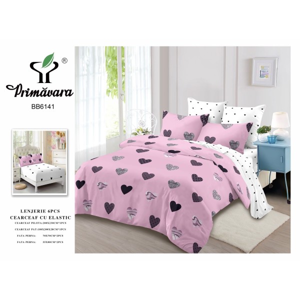 Set Lenjerie Eleganta pentru pat dublu din Bumbac Finet compus din 6 piese, Cearceaf de pat cu elastic 180x200cm+25cm, LFECO6