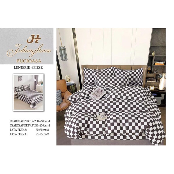Lenjerie de pat dublu Din Finet, 6 piese, Pentru pat de 2 persoane, 240x250 cm R60-37