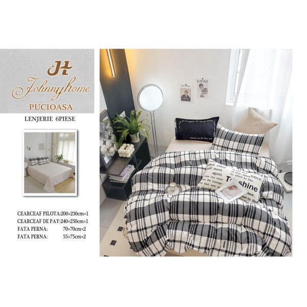 Lenjerie de pat dublu Din Finet, 6 piese, Pentru pat de 2 persoane, 240x250 cm R60-45