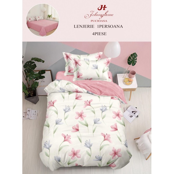 Lenjerie De Pat 1 Persoana 4 Piese, din Bumbac Finet, Cearceaf de pat 155x200cm, Y60-66