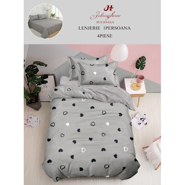 Lenjerie De Pat 1 Persoana 4 Piese, din Bumbac Finet, Cearceaf de pat 155x200cm, Y60-67
