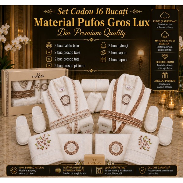 Set Cadou de Baie Premium Nurpak Lux, 16 Piese, 100% Bumbac Natural, Broderie Elegantă, NUR1 Set Cadou de Baie Premium Nurpak Lux, 16 Piese, 100% Bumbac Natural, Broderie Elegantă, NUR1