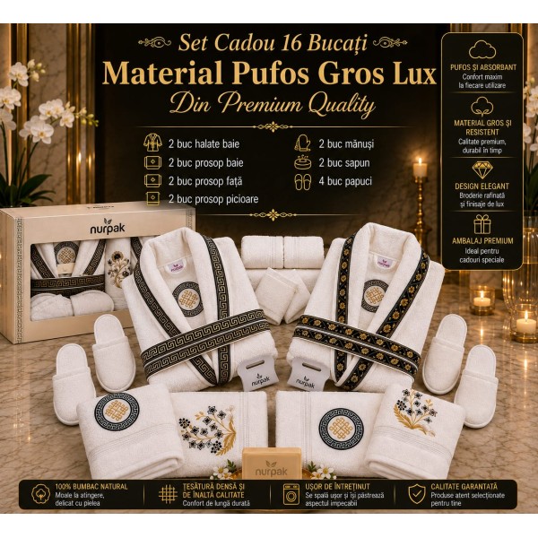 Set Cadou de Baie Premium Nurpak Lux, 16 Piese, 100% Bumbac Natural, Broderie Elegantă, NUR2