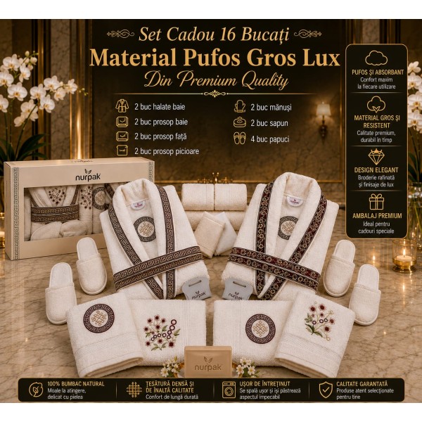 Set Cadou de Baie Premium Nurpak Lux, 16 Piese, 100% Bumbac Natural, Broderie Elegantă, NUR3