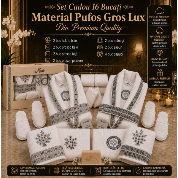 Set Cadou de Baie Premium Nurpak Lux, 16 Piese, 100% Bumbac Natural, Broderie Elegantă, NUR4