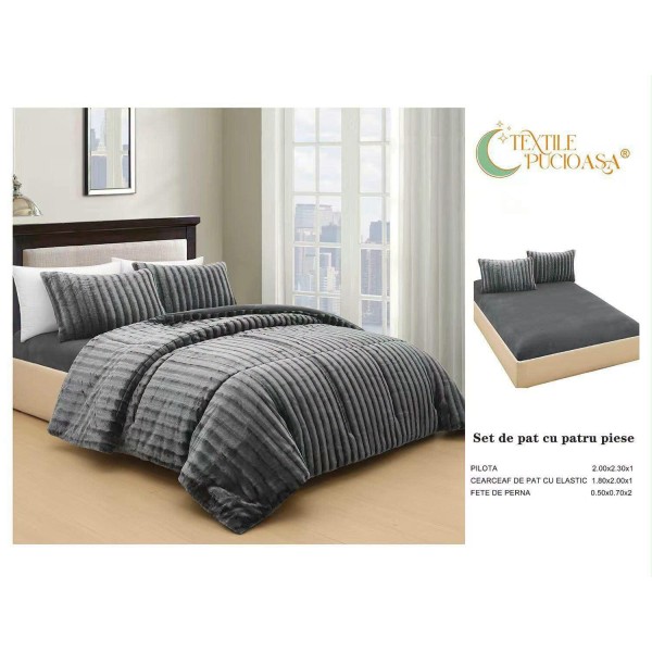 Lenjerie de pat Cocolino cu Pilotă Inclusă – 4 Piese – gri – Cearșaf cu Elastic PPCLI4