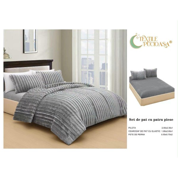 Lenjerie de pat Cocolino cu Pilotă Inclusă – 4 Piese – gri deschis – Cearșaf cu Elastic PPCLI7