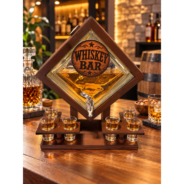 Dozator de băuturi Whiskey Bar cu robinet și 6 pahare – suport din lemn DW1 Dozator de băuturi Whiskey Bar cu robinet și 6 pahare – suport din lemn DW1