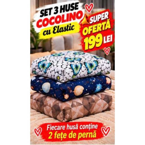 Set 3 Huse de Pat Cocolino cu Elastic + 6 Fețe de Pernă – Modele Asortate – Super Ofertă 199 Lei S3HCE2 Set 3 Huse de Pat Cocolino cu Elastic + 6 Fețe de Pernă – Modele Asortate – Super Ofertă 199 Lei S3HCE2