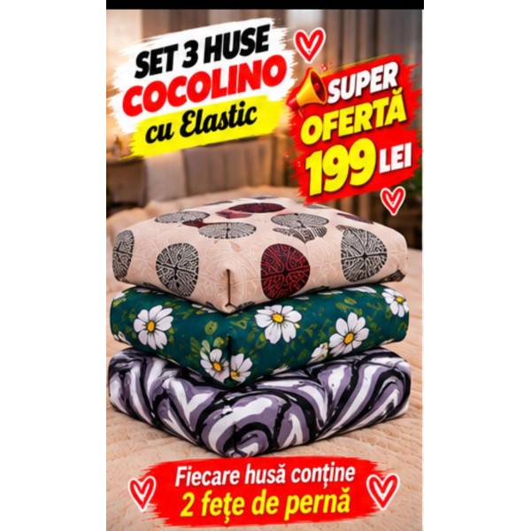 Set 3 Huse de Pat Cocolino cu Elastic + 6 Fețe de Pernă – Modele Asortate – Super Ofertă 199 Lei S3HCE6 Set 3 Huse de Pat Cocolino cu Elastic + 6 Fețe de Pernă – Modele Asortate – Super Ofertă 199 Lei S3HCE6