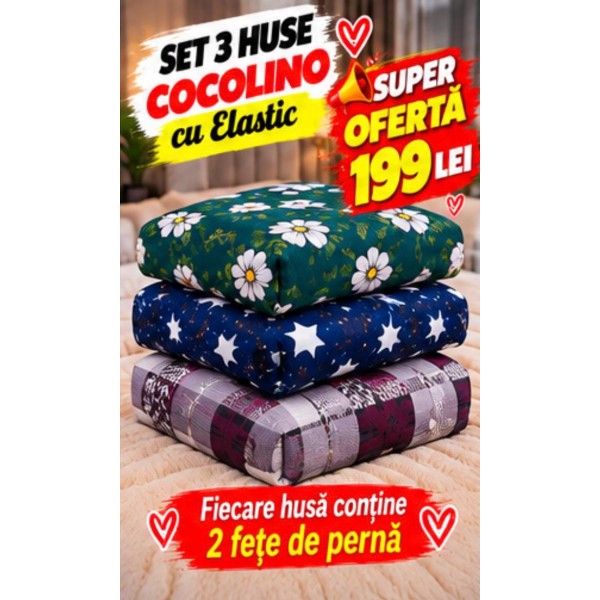Set 3 Huse de Pat Cocolino cu Elastic + 6 Fețe de Pernă – Modele Asortate – Super Ofertă 199 Lei S3HCE7 Set 3 Huse de Pat Cocolino cu Elastic + 6 Fețe de Pernă – Modele Asortate – Super Ofertă 199 Lei S3HCE7