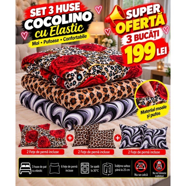 Set 3 Huse de Pat Cocolino cu Elastic + 6 Fețe de Pernă – Modele Asortate – Super Ofertă 199 Lei S3HCE10 Set 3 Huse de Pat Cocolino cu Elastic + 6 Fețe de Pernă – Modele Asortate – Super Ofertă 199 Lei S3HCE10