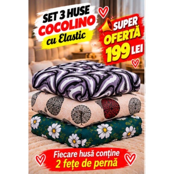 Set 3 Huse de Pat Cocolino cu Elastic + 6 Fețe de Pernă – Modele Asortate – Super Ofertă 199 Lei S3HCE12 Set 3 Huse de Pat Cocolino cu Elastic + 6 Fețe de Pernă – Modele Asortate – Super Ofertă 199 Lei S3HCE12