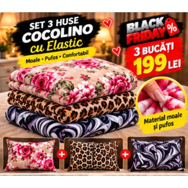 Set 3 Huse de Pat Cocolino cu Elastic + 6 Fețe de Pernă – Modele Asortate – Super Ofertă 199 Lei S3HCE13 Set 3 Huse de Pat Cocolino cu Elastic + 6 Fețe de Pernă – Modele Asortate – Super Ofertă 199 Lei S3HCE13