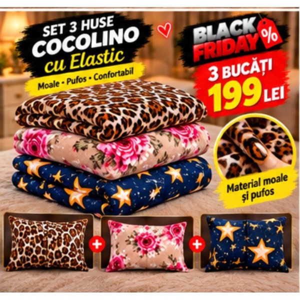 Set 3 Huse de Pat Cocolino cu Elastic + 6 Fețe de Pernă – Modele Asortate – Super Ofertă 199 Lei S3HCE15 Set 3 Huse de Pat Cocolino cu Elastic + 6 Fețe de Pernă – Modele Asortate – Super Ofertă 199 Lei S3HCE15