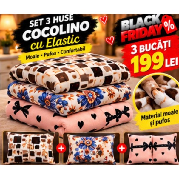 Set 3 Huse de Pat Cocolino cu Elastic + 6 Fețe de Pernă – Modele Asortate – Super Ofertă 199 Lei S3HCE17 Set 3 Huse de Pat Cocolino cu Elastic + 6 Fețe de Pernă – Modele Asortate – Super Ofertă 199 Lei S3HCE17