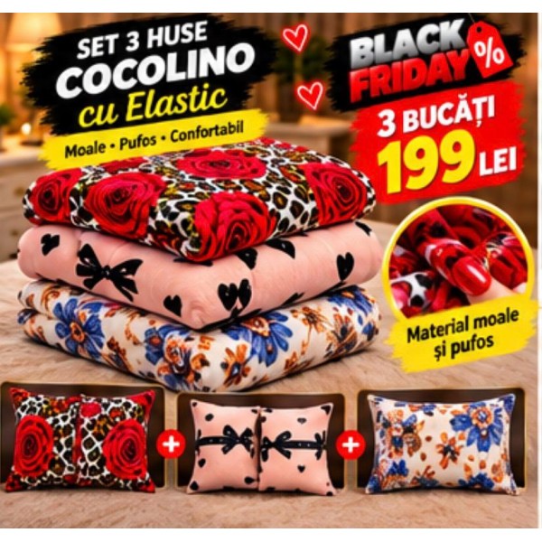 Set 3 Huse de Pat Cocolino cu Elastic + 6 Fețe de Pernă – Modele Asortate – Super Ofertă 199 Lei S3HCE18 Set 3 Huse de Pat Cocolino cu Elastic + 6 Fețe de Pernă – Modele Asortate – Super Ofertă 199 Lei S3HCE18