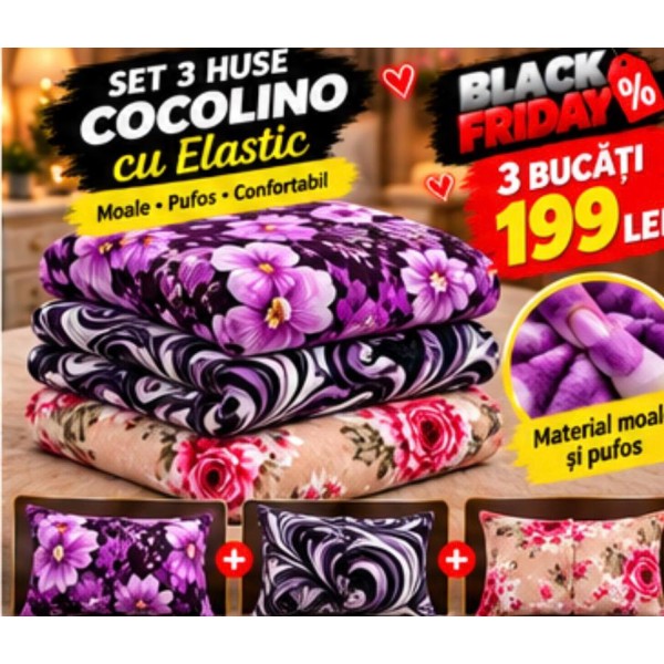 Set 3 Huse de Pat Cocolino cu Elastic + 6 Fețe de Pernă – Modele Asortate – Super Ofertă 199 Lei S3HCE22 Set 3 Huse de Pat Cocolino cu Elastic + 6 Fețe de Pernă – Modele Asortate – Super Ofertă 199 Lei S3HCE22
