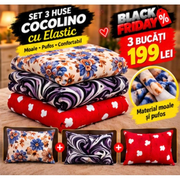 Set 3 Huse de Pat Cocolino cu Elastic + 6 Fețe de Pernă – Modele Asortate – Super Ofertă 199 Lei S3HCE24 Set 3 Huse de Pat Cocolino cu Elastic + 6 Fețe de Pernă – Modele Asortate – Super Ofertă 199 Lei S3HCE24