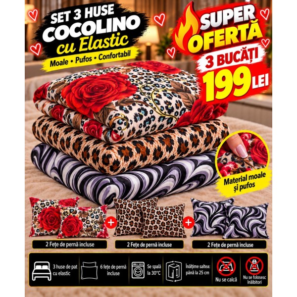 Set 3 Huse de Pat Cocolino cu Elastic + 6 Fețe de Pernă – Modele Asortate – Super Ofertă 199 Lei S3HCE25 Set 3 Huse de Pat Cocolino cu Elastic + 6 Fețe de Pernă – Modele Asortate – Super Ofertă 199 Lei S3HCE25