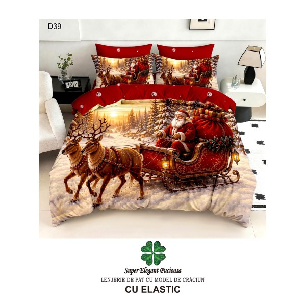 Lenjerie de pat 5D din finet , cearsaf cu elastic 180x200, model de Crăciun LPC5D1
