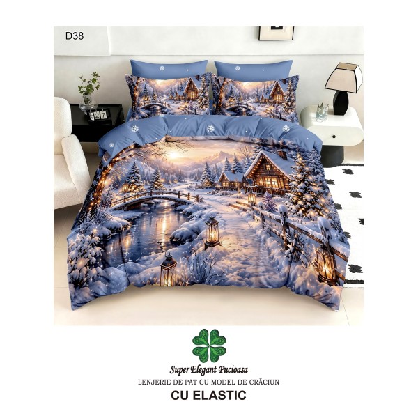 Lenjerie de pat 5D din finet , cearsaf cu elastic 180x200, model de Crăciun LPC5D2