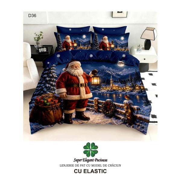Lenjerie de pat 5D din finet , cearsaf cu elastic 180x200, model de Crăciun LPC5D3