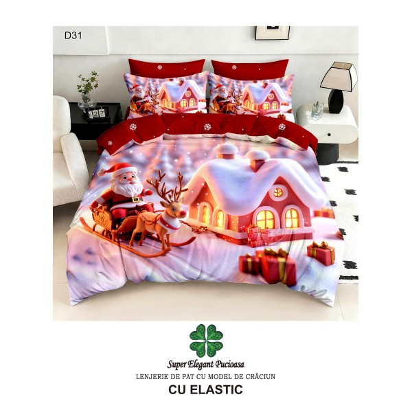 Lenjerie de pat 5D din finet , cearsaf cu elastic 180x200, model de Crăciun LPC5D4