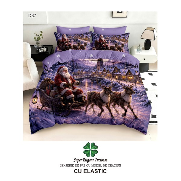 Lenjerie de pat 5D din finet , cearsaf cu elastic 180x200, model de Crăciun LPC5D5