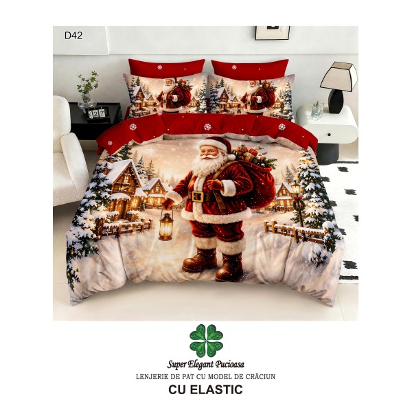 Lenjerie de pat 5D din finet , cearsaf cu elastic 180x200, model de Crăciun LPC5D6