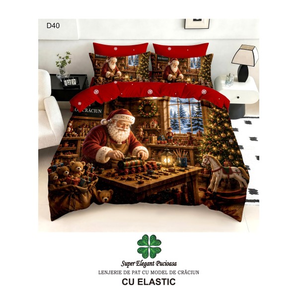 Lenjerie de pat 5D din finet , cearsaf cu elastic 180x200, model de Crăciun LPC5D8