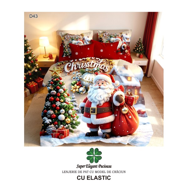 Lenjerie de pat 5D din finet , cearsaf cu elastic 180x200, model de Crăciun LPC5D9