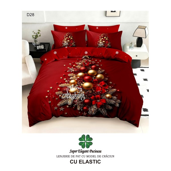 Lenjerie de pat 5D din finet , cearsaf cu elastic 180x200, model de Crăciun LPC5D10