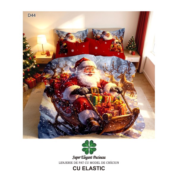 Lenjerie de pat 5D din finet , cearsaf cu elastic 180x200, model de Crăciun LPC5D11