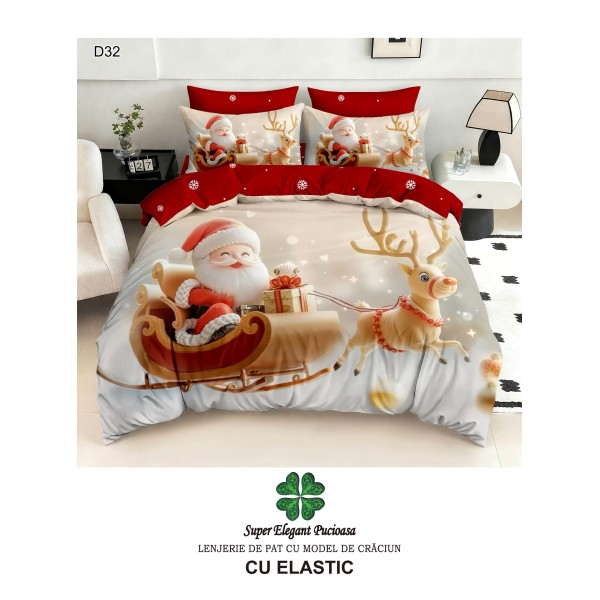 Lenjerie de pat 5D din finet , cearsaf cu elastic 180x200, model de Crăciun LPC5D12
