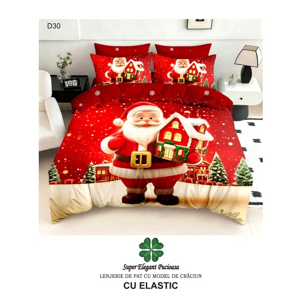 Lenjerie de pat 5D din finet , cearsaf cu elastic 180x200, model de Crăciun LPC5D14